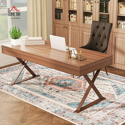 HOMCOM Washable Area Rug, 4'x6' Vintage Indoor Distressed Carpet, Retro Floor Cover Foldable, Floral Print Mat for Living Room, Bedroom, Dining Room, Brown and Blue