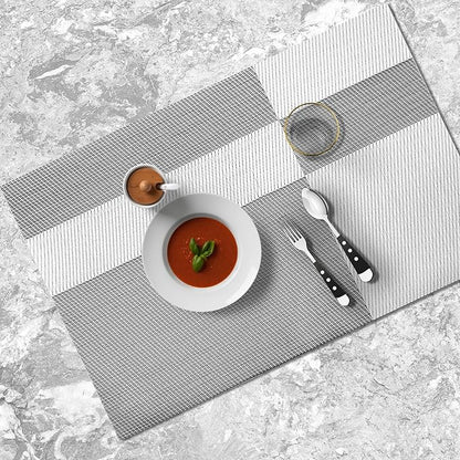 Placemats Set of 4 Vinyl Washable White Gray Placemats, 18"x12" Wipeable Heat-Resistant Non-Slip Easy Clean Table Mats Ideal for Dining Table Table Runner and Outdoor (4, White Square)