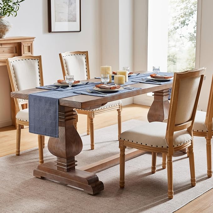 Linen Checked Farmhouse Table Runner, 13x108 Inches Blue | Raised Grid Design - Image 3
