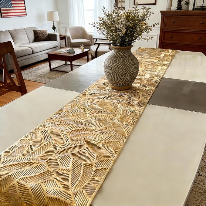 FAVE Gold Table Runner 72 Inches Long Hollow-Out Leaf Design Table Runner | - Image 8