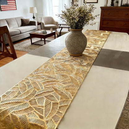 FAVE Gold Table Runner 72 Inches Long Hollow-Out Leaf Design Table Runner | - Image 8