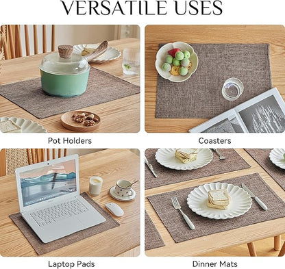 Softalker Faux Linen Placemats Set of 4-12 x 18 Inch, Heat Resistant Double Layered Durable Burlap Farmhouse Place Mats, Non-Slip Washable Rustic Table Mats for Dining, Kitchen, Party,Natural Linen