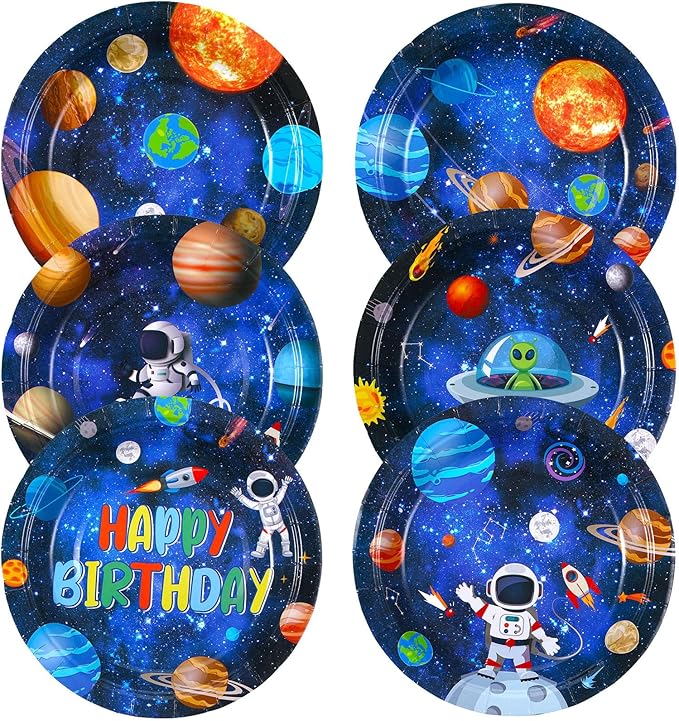 60 Pcs Outer Space Birthday Party Supplies 7 Inch Solar System Paper Plates Astronaut Dessert Plates Space Theme Party dishes for Birthday Baby Shower Decorations