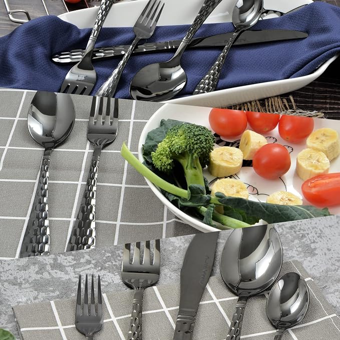 Hammered Silverware Set for 4, 20-Piece Black Flatware, 18/10 Stainless Steel - Image 4