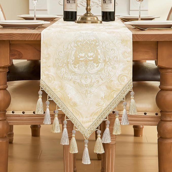 Loom and Mill Elegant Damask Table Runner 13x72 inch, Champagne Gold | Double by LoomandMill