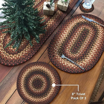 Homespice Prescott Jute Braided Trivets for Table - Set of 3, Round 8", Black & Red - Rich Colors, Easy to Clean, Durable and Protects Furniture