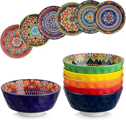 vancasso Boho Cereal Bowls Set of 6, 26 oz Ceramic Soup Bowls with Colorful Bohemian Pattern, Microwave & Dishwasher Safe Serving Bowls for Salad, Oatmeal, Pasta, KRVI Series