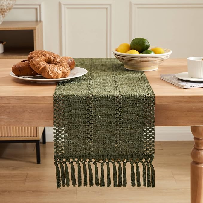 Macrame Style Boho Table Runner, 12x108 Inch Moss | Woven Boho Table Runner - Image 2