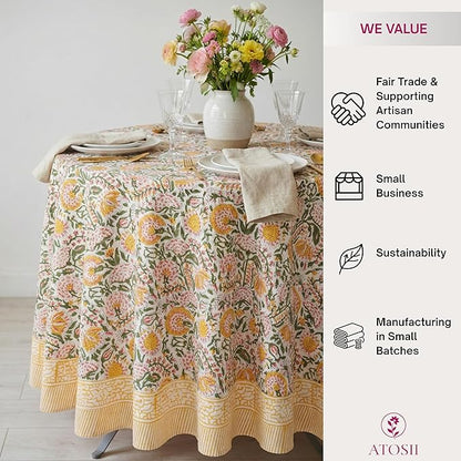 ATOSII Clover Yellow 100% Cotton Round Tablecloth, Handblock Print Floral Table Cloth for Kitchen Dining Linen I Parties, Weddings, Outdoors, Christmas, Thanksgiving I Fall Home Decor 72" Inches Round