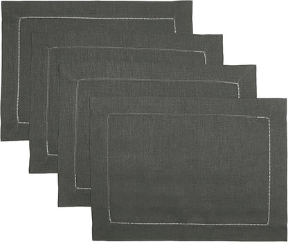 D'Moksha Homes Linen Placemats Set of 4 - Classic Hemstitch Charcoal Grey Placemats 14 x 19 Inch - 100% Pure Linen Table Mats for Spring, Easter - Handcrafted and Machine Washable