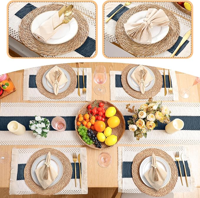6 Sets Boho Decoration Placemats Round Woven Placemats, Cloth Napkins, Wood - Image 5