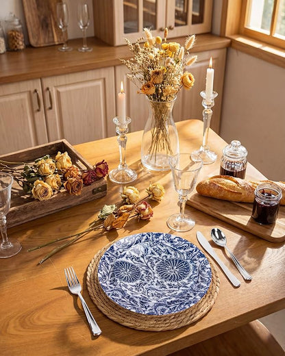 Hioasis 60pcs Plastic Disposable Plates Set - Blue Dandelion & Blue Leaf Pattern, 10.25 Dinner & 7.5 Dessert Plates for Wedding,Anniversary,Party and Holiday