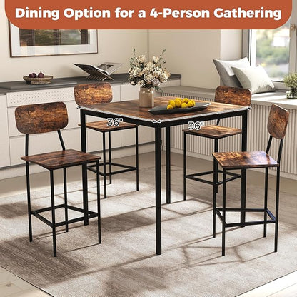 COSTWAY Dining Table Set for 4, 5-Piece Square Kitchen Nook Dinette Set with 4 Bar Stools with Footrest, Backrest, Space-Saving Design, Industrial Kitchen Table and Chairs for Apartment, Coffee