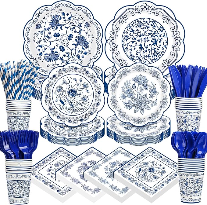 450 Pcs Blue Floral Tableware Set Decorations, Serves 50 | Blue White by Unknown