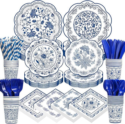 450 Pcs Blue Floral Tableware Set Decorations, Serves 50 | Blue White by Unknown