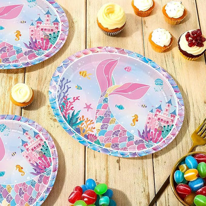 50Pcs Mermaid Birthday Oval Paper Plates 10" x 12" Large Disposable Heavy Duty Iridescence Paper Platters Mermaid Themed Dessert Plates for Under the Sea Themed Birthday Party Supplies