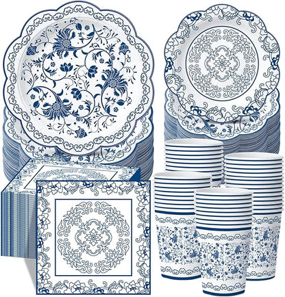 Pickmesh 250 Pcs Blue White Floral Disposable Tableware Set Blue and White Porcelain Pattern Disposable Paper Plates Napkins and Cups for Chinoiserie Baby Shower Birthday Wedding Tea Party Supplies
