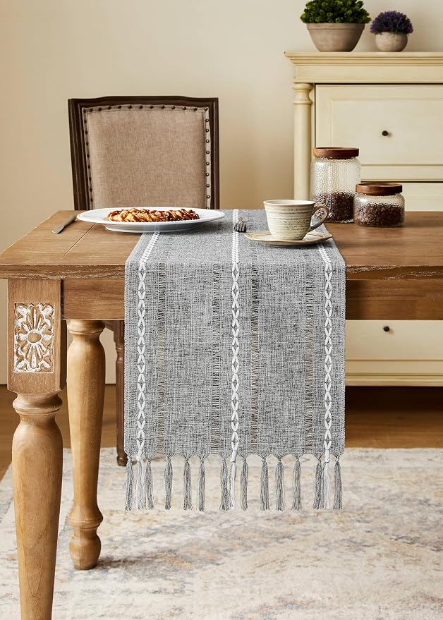 Hemstitched Farmhouse Table Runner, Charcoal 13x90 Inch, Cotton Linen Table - Image 2
