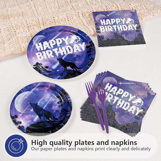 96 Pcs Wolf Birthday Party Galaxy Wolf Decorations, Serves 24 | Black Purple - Image 3