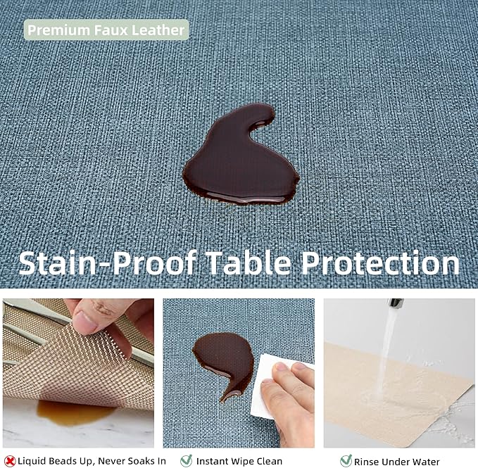 Heat Resistant Placemats Set of 4, 17x12in Waterproof Wipeable Faux Leather Non Slip Table Mats, Easy to Clean, Stain Resistant, for Kitchen Dining Room– Charcoal Blue