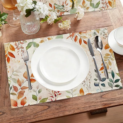 Fall Leaves Fabric Placemats,Autumn Watercolor Leaf Table Placemats Set of 6 Cloth Place Mats, Washable Heat-Resistant Table Mats for Home Kitchen Dining Room Decoration 11.8x17.7 Inch