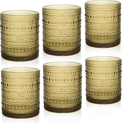 Cocktail Glasses 10 oz Hobnail Drinking Glasses Set of 6, Vintage Glassware, Textured Glass Cups Bubble Glasses Water Glasses Old Fashion Jupiter Glasses Set, Green