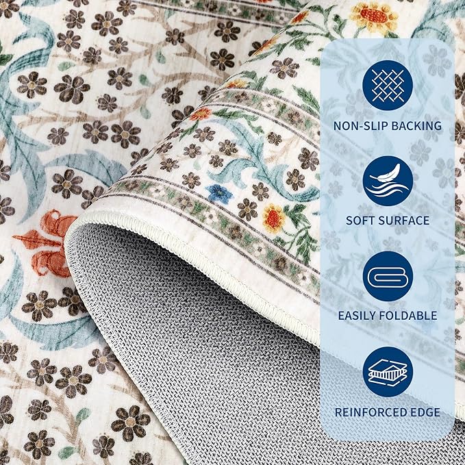 GarveeHome Beige Ivory Floral 6 ft Round Rug Washable Non-Slip Soft Low Pile Circle Carpet Vintage Rugs for Kitchen Bedroom Nursery Dining Living Room
