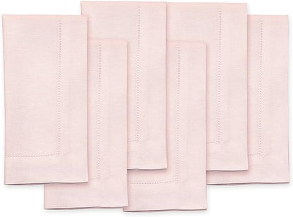 Solino Home Pink Linen Napkins Set of 6-100% Pure Linen Hemstitch Dinner Napkins 20 x 20 Inch for Valentines, Spring, Easter - Classic Hemstitch