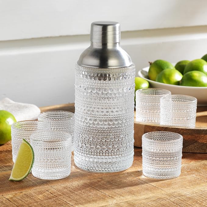 Glaver's Cocktail Shaker Set, Glass 15.2 oz Shaker, 6 Hobnail Shot Glasses - Image 2