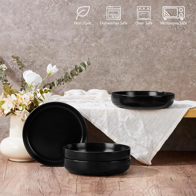 E-far Stoneware Pasta Bowls Set of 4, 35oz Double Reactive Black Glaze | Wide & - Image 5