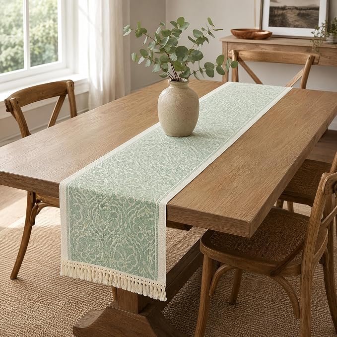 14x63 Botanical Table Runner Waterproof Floral Vine Boho Tassels | Tired of a by UWWGKK