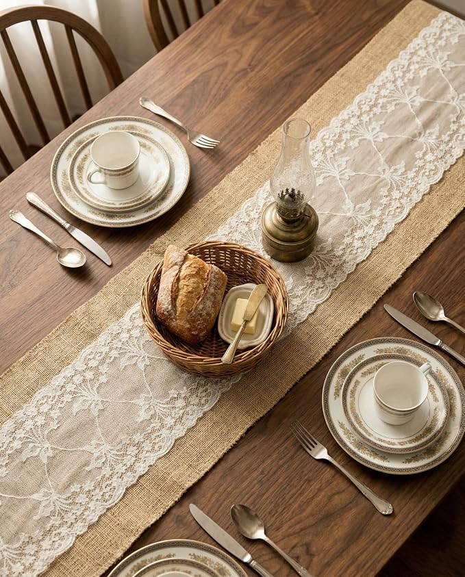 Burlap Table Runner with Lace, Rustic Farmhouse Table Runners - Image 7