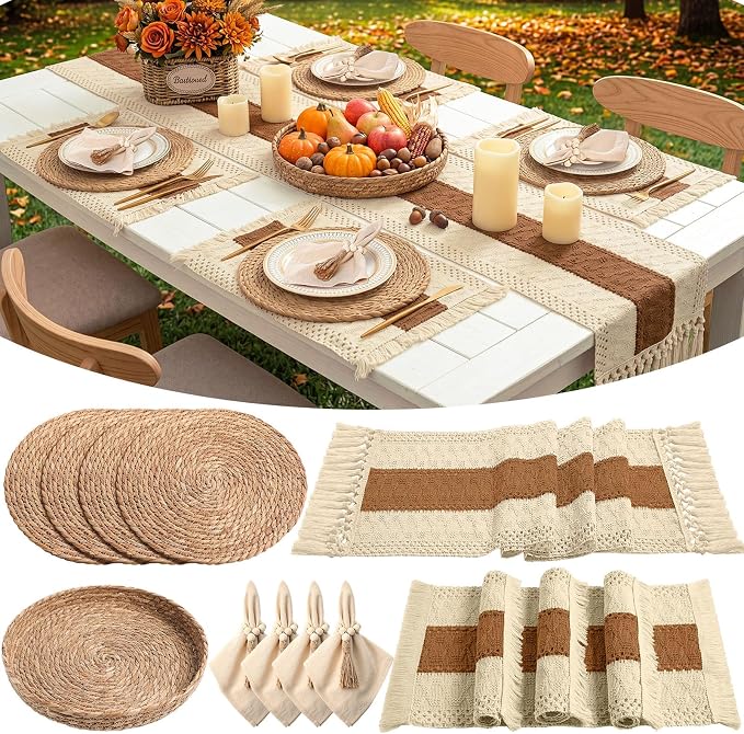 4 Sets Boho Decoration Placemats Round Woven Placemats, Cloth Napkins, Wood by Gandeer