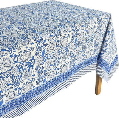 ATOSII Indigo Bloom 100% Cotton Rectangle Summer Tablecloth, Handblock Floral Print Linen Table Cloth for Kitchen Dining I Parties, Weddings, Outdoors, 60 X 108 Inches I 8 Seater