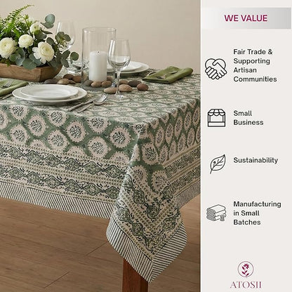 ATOSII Kari Green 100% Cotton Rectangle Fall Tablecloth, Block Print Floral Table Cloth Linen for Dining Parties Outdoors Christmas Thanksgiving Grandmillennial Home Decor 72 X 140 Inches I 12 Seater