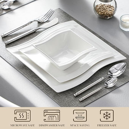 MALACASA Ivory White Dinnerware Set, 12 Pieces - Porcelain Dinner Plates, Dessert Plates and Bowls, Square Flora Pattern