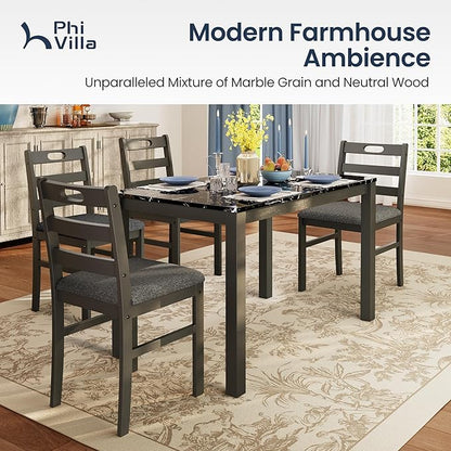 PHI VILLA 5 Piece Dining Table Set for 4, Marble Design Kitchen Table Chairs Set of 4, Solid Wood Space-Saving Dining Room Table Set for Apartment, Veined Black Marble& Gray