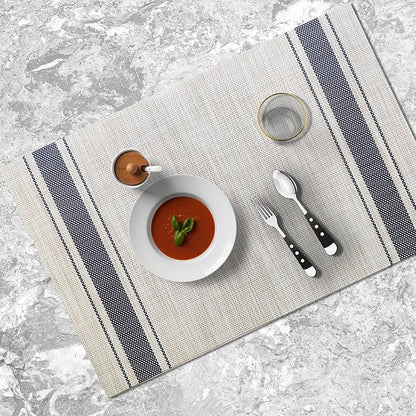 Placemats Set of 4 Vinyl Washable Blue Placemats, 18"x12" Wipeable Heat-Resistant Non-Slip Easy Clean Table Mats Ideal for Dining Table Table Runner and Outdoor (4, Blue Wide Stripe)