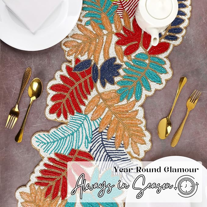 Beaded Table Runner 13x36 in, Leaf Design, Glass Beads | Hand-applied glass - Image 8