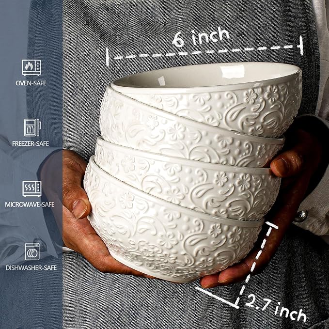 Ceramic Cereal Bowls 26 oz, Embossment Soup Bowls Set of 4, Dishwasher - Image 3