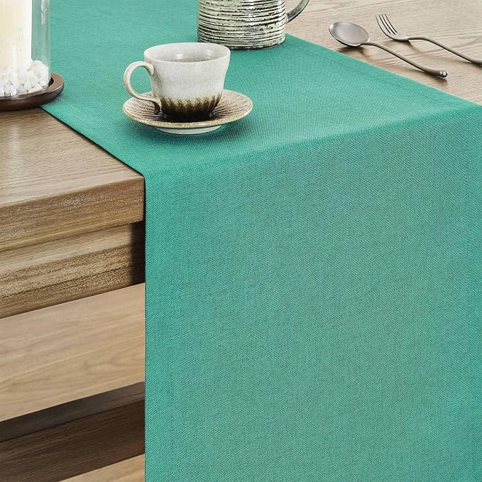 Basic Linen Style Table Runner, 14x108 Inch Teal | Mitered Corner Design - Image 4