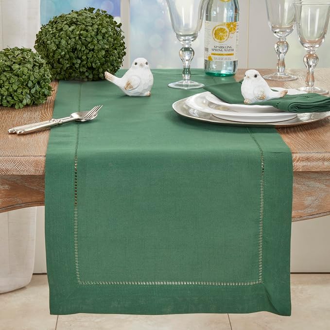 SARO LIFESTYLE Hemstitched Border Table Runner, Jasper Green - Image 3