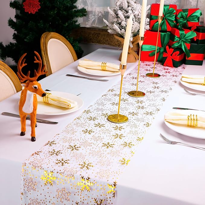 Snowkingdom 2 Pcs Christmas Snowflake Gold Table Runner Sparkly Golden Metallic - Image 2