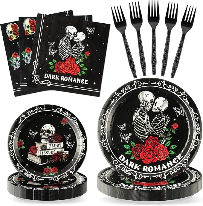 96Pcs Dark Romance Book Lover Skull Rose Black Gothic Party Plates Supplies by G1ngtar
