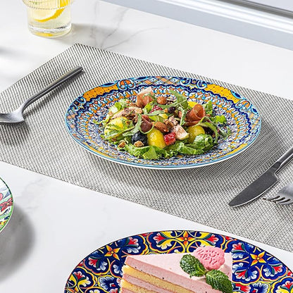 HENXFEN LEAD Ceramic Dessert, Salad Plates 8.5 Inch, Small Dinner Plate Set of 6- Serving Dishes for Thanksgiving & Christmas, Dishwasher & Microwave Safe - Bohemian Style
