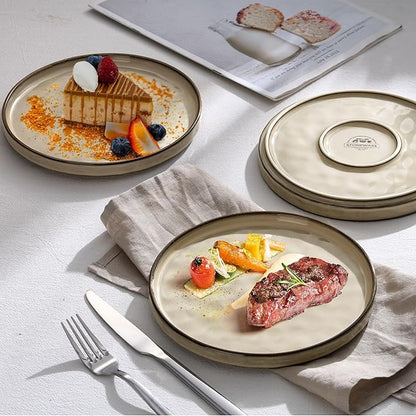 LIANYU Ceramic Plates Set for 4, 7.9In Porcelain Dinner Salad Appetizer Plates for Kitchen, Modern Round Stoneware Dining Dish Set, Scratch Resistant, Microwave, Oven and Dishwasher Safe, Sandy Beige