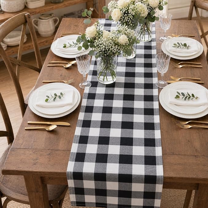 ShinyBeauty 4 Packs Black & White Plaid Table Runners 13x72” Gingham Runner | - Image 6