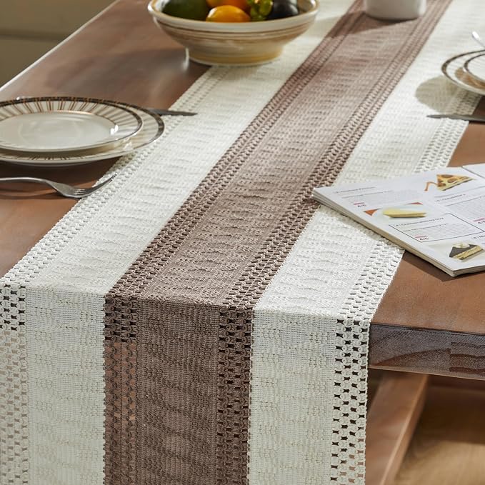 Macrame Style Bicolor Stitching Table Runner 14x72in Cocoa Brown | Woven Boho - Image 5