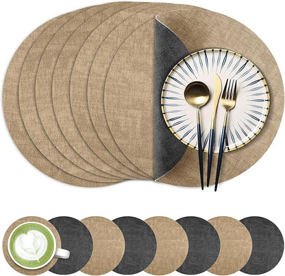 13-Inch Faux Leather Round Placemats Set of 8, Waterproof Anti-Slip Dual Sided Place mats, Heat Resistant Washable Table Mats with Coaster, Suitable for Indoor & Outdoor (8, Black Light Coffee)