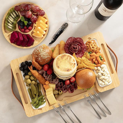 Bamboo Charcuterie Board Gift Set with Magnetic Removable Side Trays and Fruit Tray, Large Serving Platter with Handles, Valentine’s Day Gift for Couples, Housewarming and New Home Gifts